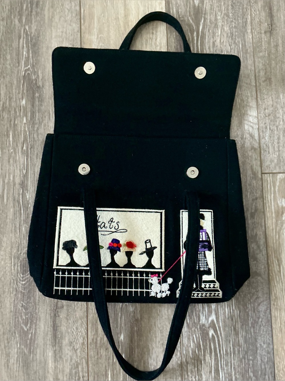 Vintage Lulu Guinness "Hats" store-front embroidered wool felt tote bag - Picture 2 of 7